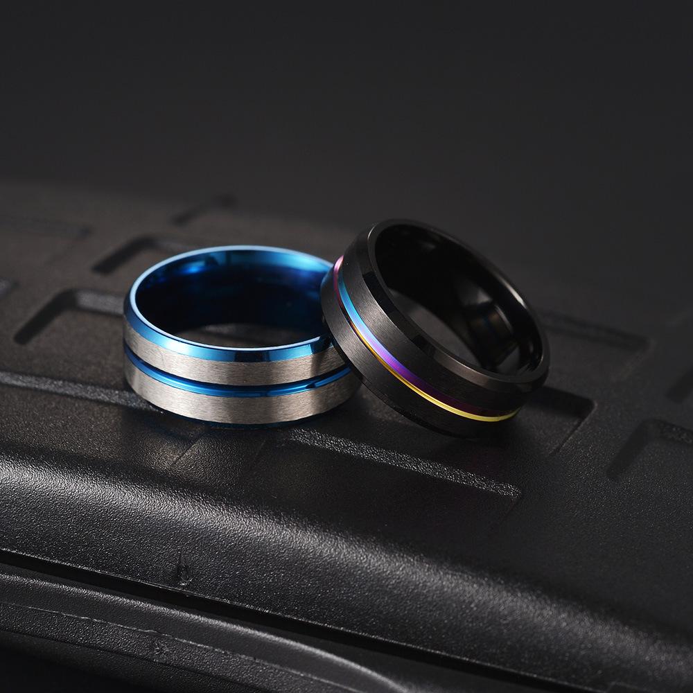 Fashionable 8mm Men's Black Stainless Steel Wedding Ring with Black Groove Beveled Engagement Ring, Suitable for Men's Valentine