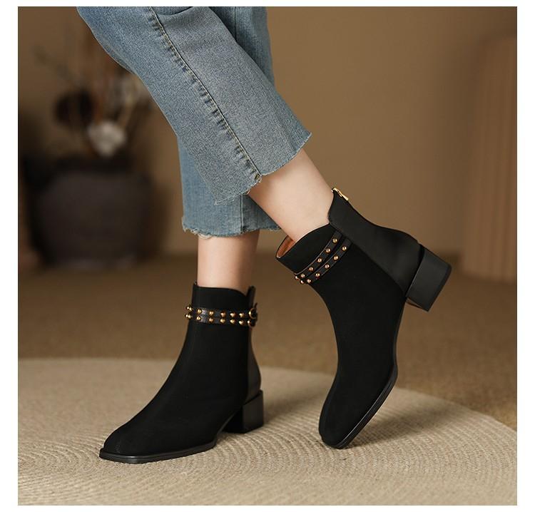 Fashion 2024 Winter Fashion Ankle Women's Boots Brand Modern Boots Women Sewing Rivet Buckle Square Toe Med Heel Back Zip Shoes Female
