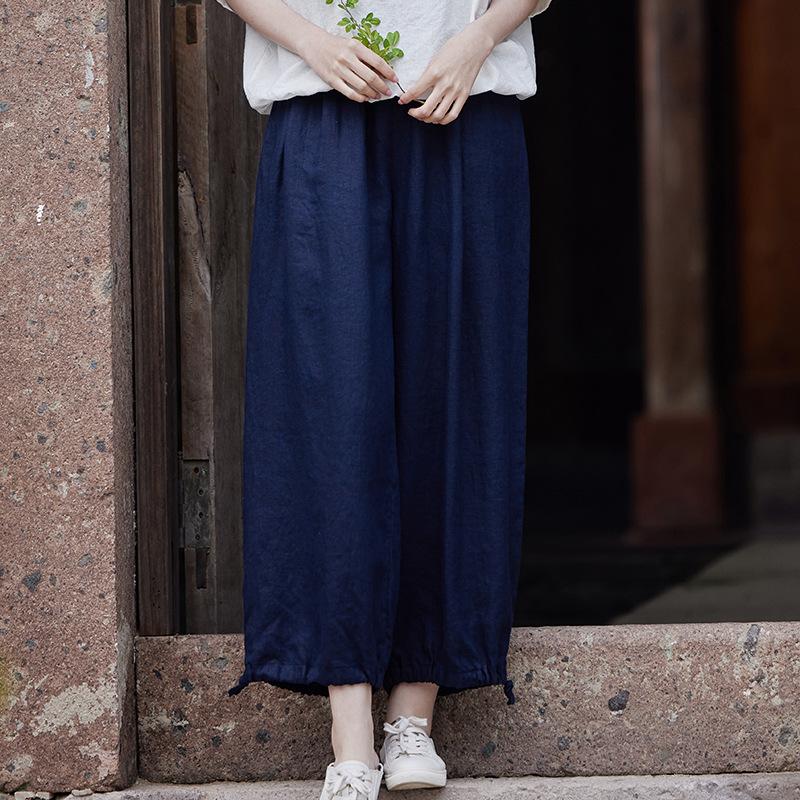 Johnature Pantaloni drepți din bumbac și in pentru femei Pantaloni de toamnă de culoare solidă Buzunare cu talie elastică Pantaloni vintage până la gleznă