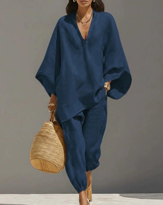 2026 Fashion Women's Solid Color, Casual Style Design Bat Sleeve V-Neck Lazy Loose Suit Women