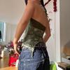 Retro Waldgrün Vintage Print Boho Y2K Camisole Rückenfrei Neckholder zum Binden Asymmetrische Oberteile Damen Urlaubskleidung