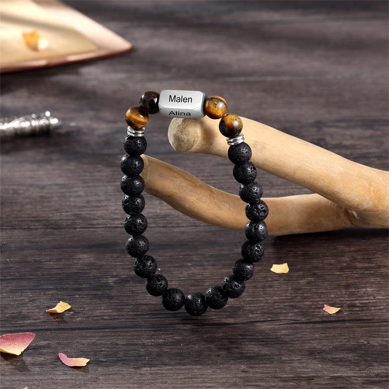 Engraved Stainless Steel & Tiger Eye Volcanic Stone Custom Name Bracelet, 8mm