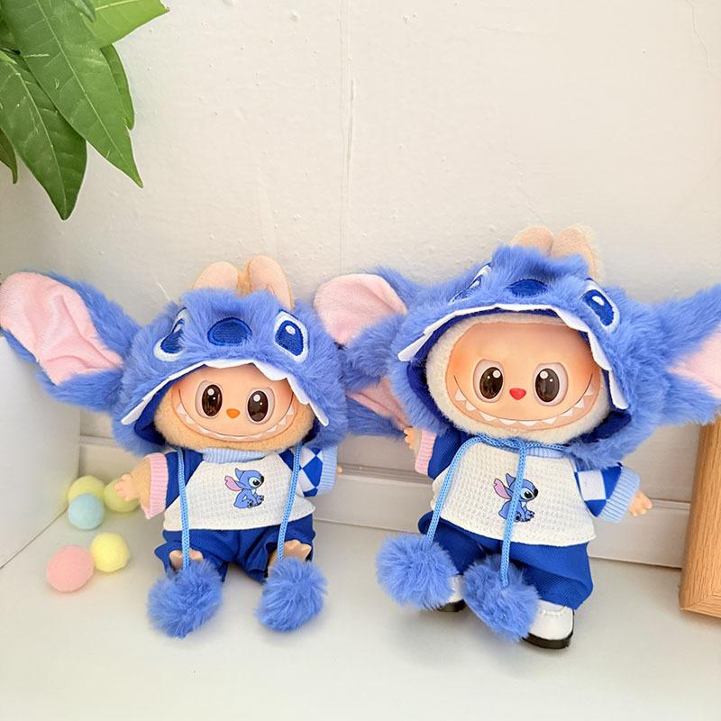 For 17cm Labubu Doll Clothes Set Cartoon Plush Stitch Fashion Outfits with Accessories Cute Plushie Clothing Gift