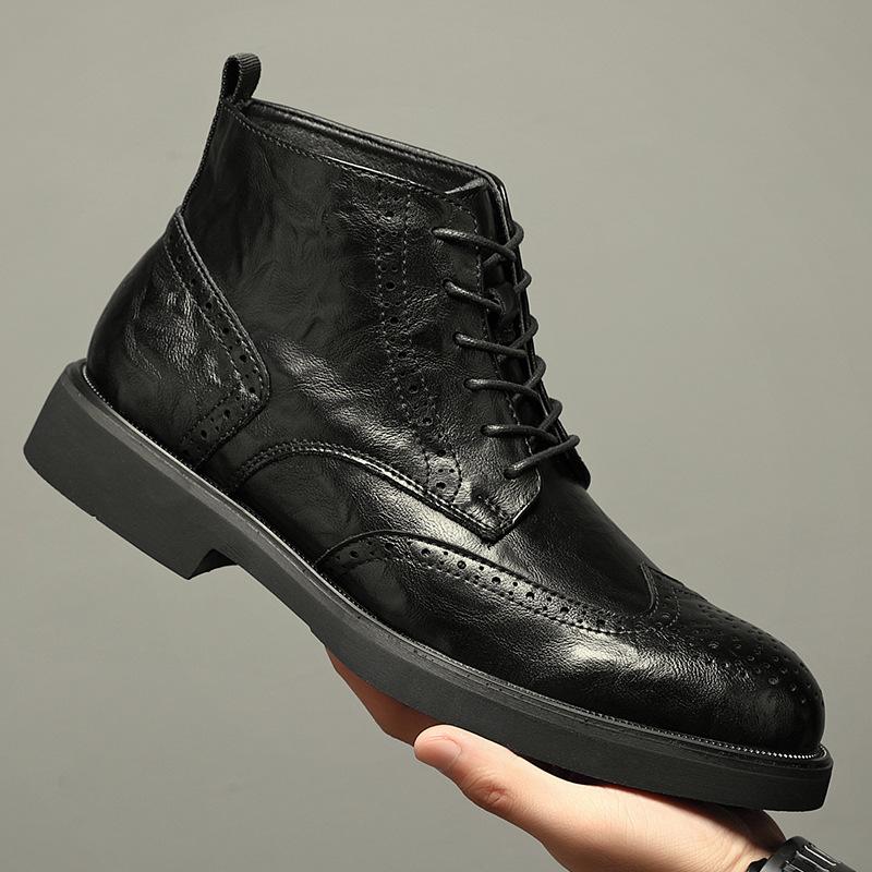 Martin Boots Men's British Style Retro Short Boots Business Dress Brock High-top Leather Shoes Winter Heightening Tooling Leather Boots