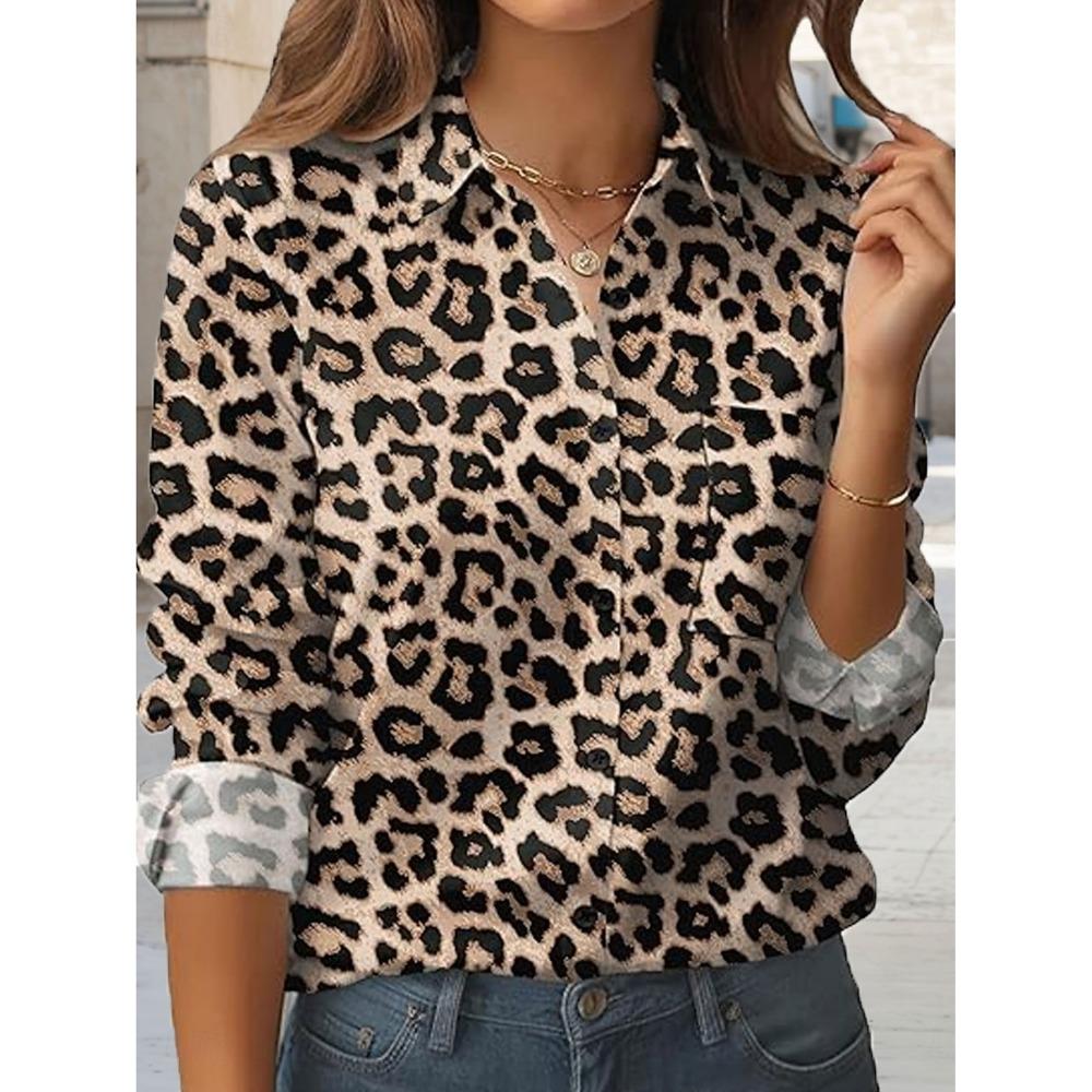 Women's Shirts Leopard Vintage Graphics Blouse Lapel Neck Blouse Women's Long Sleeve Shirts Womens Clothes Female Clothing