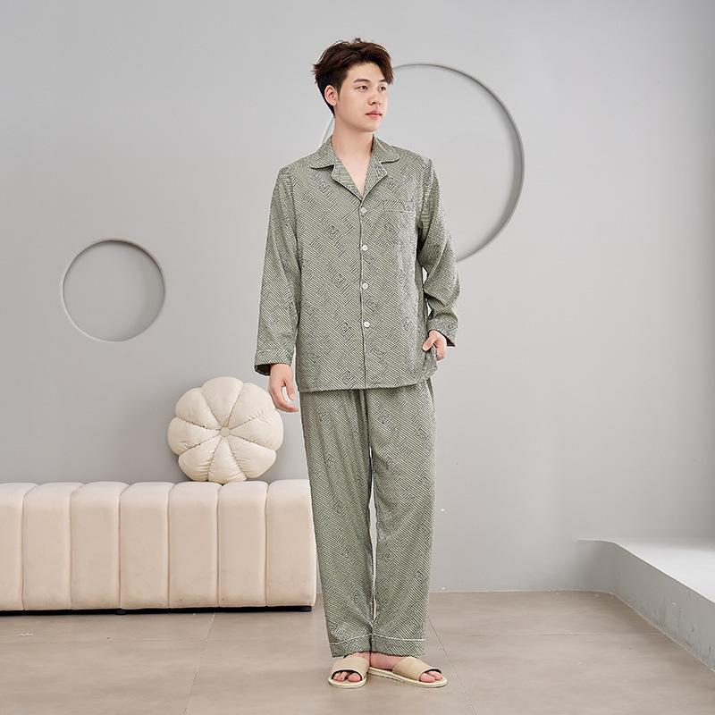 1011 New Cloud Cotton Men's Pajamas Cardigan Long Sleeve Pants Lapel Large Size Casual Loungewear Can be worn outside