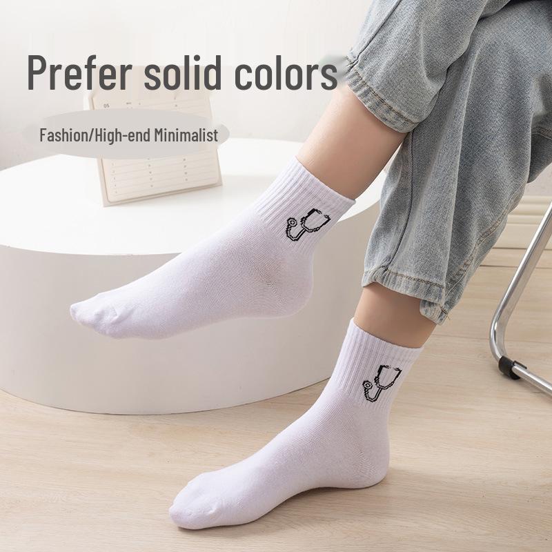 Women's Autumn White Medical Pattern Cotton Mid-Calf Socks - Simple, Versatile, High-Value.