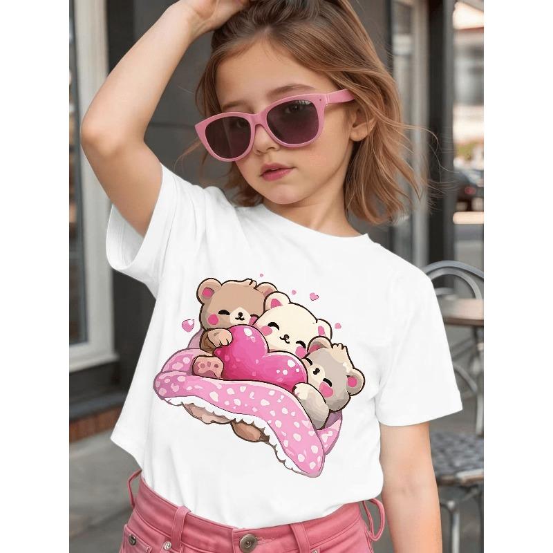 Girls Crewneck Summer T-Shirt, Cute Cartoon Bear With Pink Heart Polka Dot Print Short Sleeve Casual Top 110 белый