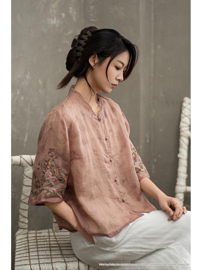 2025 Ethnic Style Ramie Shirt - Lightweight Embroidered Spring/Summer Chinese Design