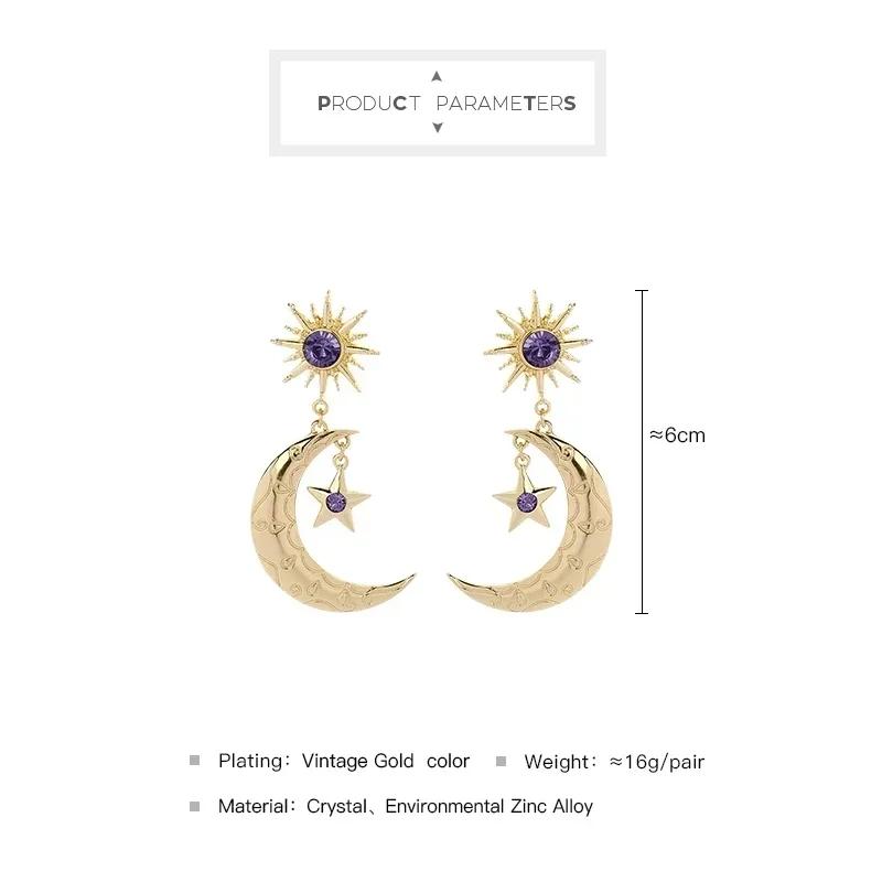 

Fashionable Alloy Earrings With A Personalized Design Of Inlaid Diamonds, Star And Moon Shapes, And Purple Gemstones