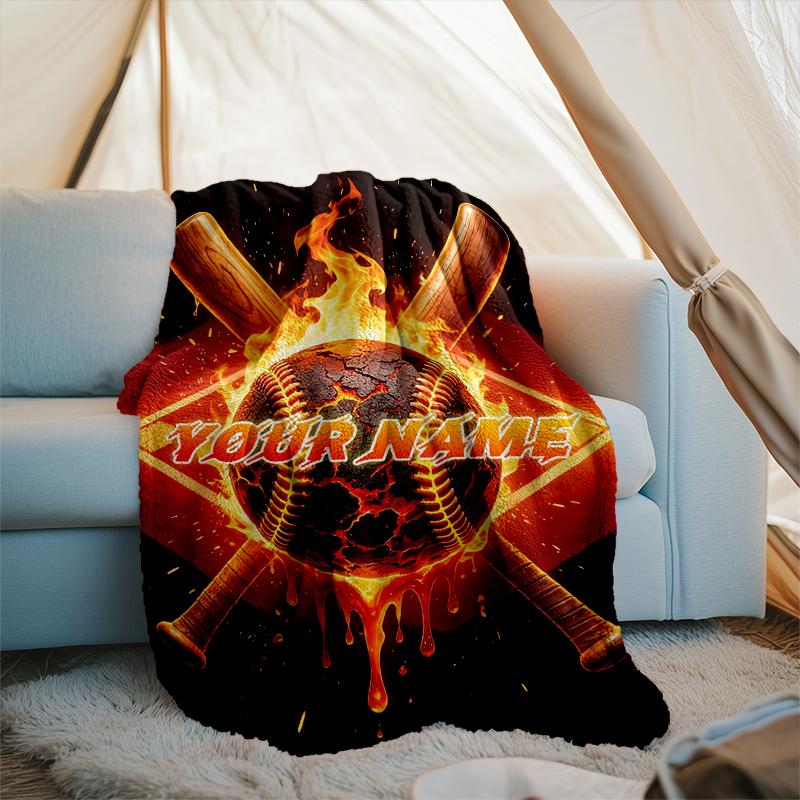 1PC Custom Name "Fiery Baseball Emblem" Outdooor Flannel Blankets Throw Blanket All-Season Throw Gift Bedspread for Couch, Bed, Camping Holiday Birthd