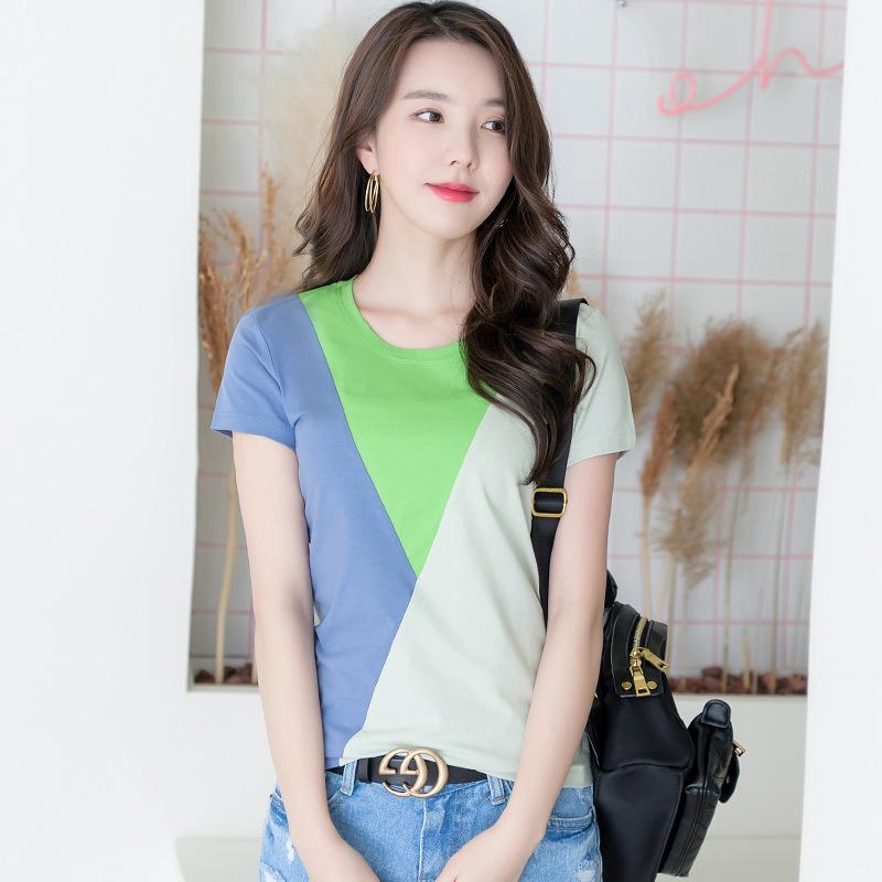 2026 Spring/Summer Women's Color Block Round Neck Stylish Patchwork T-Shirt, Short Sleeve 6919