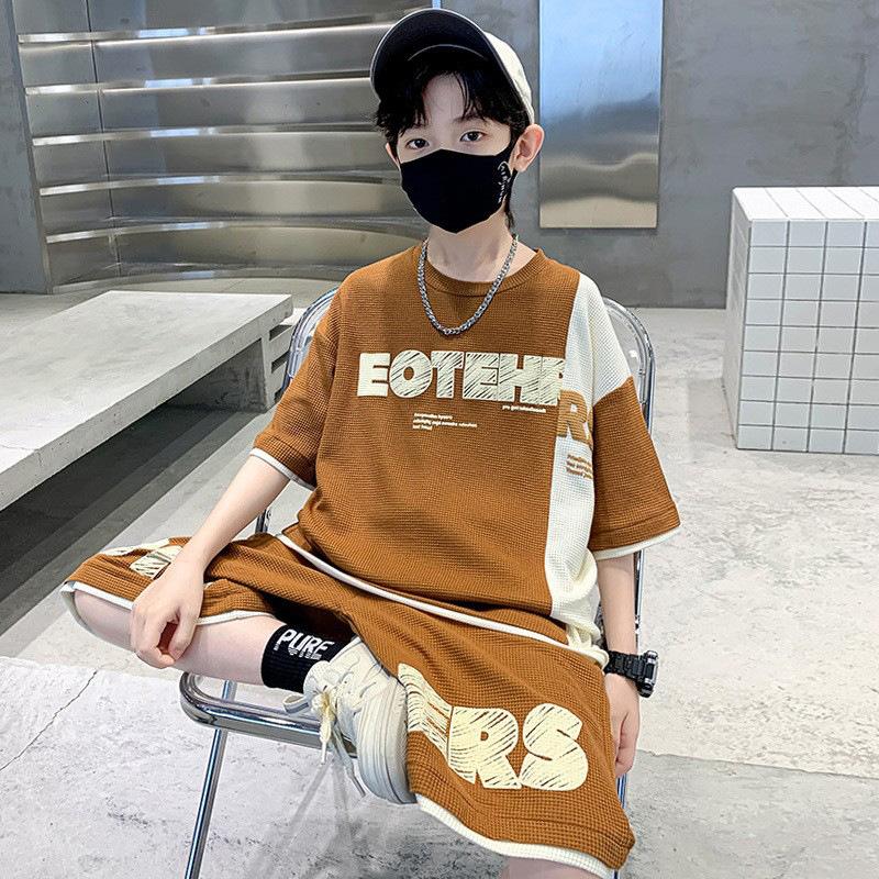 Completi estivi a maniche corte per ragazzi, stile western, ragazzi più grandi, ragazzi, abbigliamento per bambini con lavorazione a nido d'ape stile western estivo