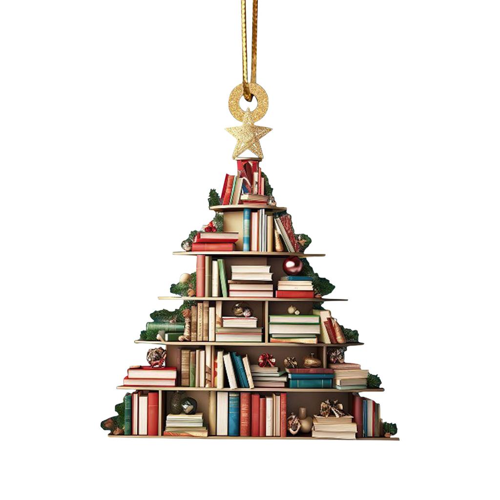 Acrylic Cartoon Book Shelf Christmas Tree Car Rearview Mirror Hangings Pendant Decorative Book Lovers Ornament