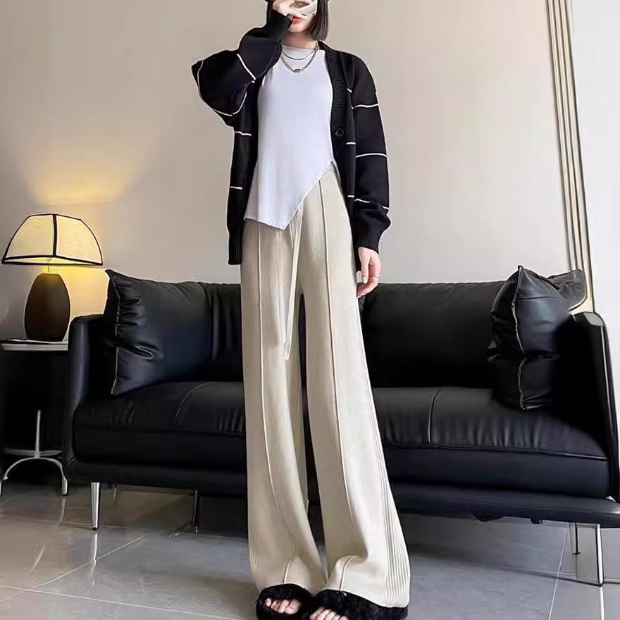 Pit strip knitted wide-leg pants women's autumn and winter new thin casual straight-leg pants drape long pants