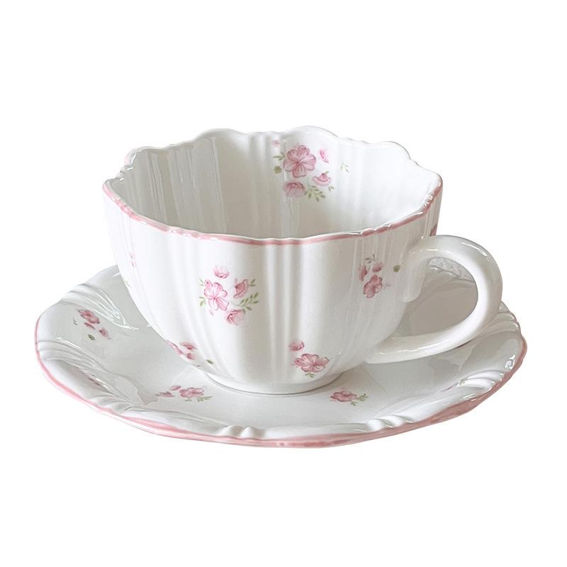 

Cross ns floral coffee cup and saucer cute relief cherry ceramic cup and saucer household high value afternoon tea set 300ml