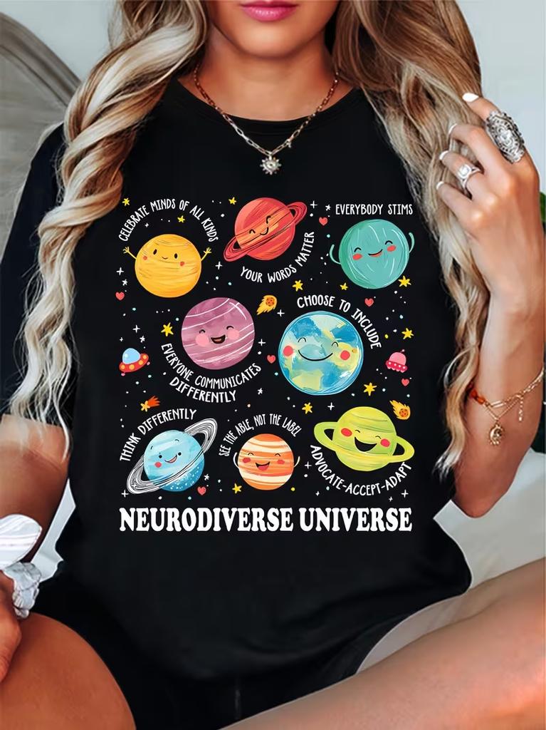 Universe Planets Graphic T-Shirt Women’s Casual Crew Neck Short Sleeve Tee Cartoon Planets Print Soft Comfortable Top for Wear