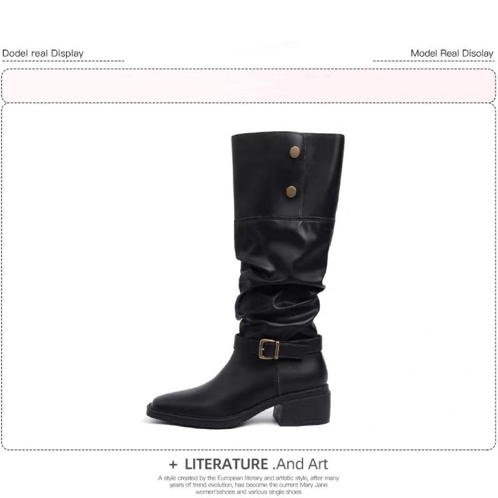 

Cowhide version~ Maillard retro tall knight boots women s knee boots thick heel foldable button fashion boots 40 чёрный