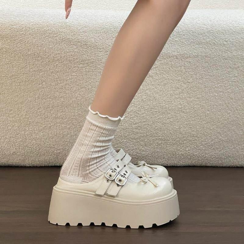 Double-button Thick-soled Round-toe Slip-on Shoes for Women, Anti-slip and Height-enhancing Shoes