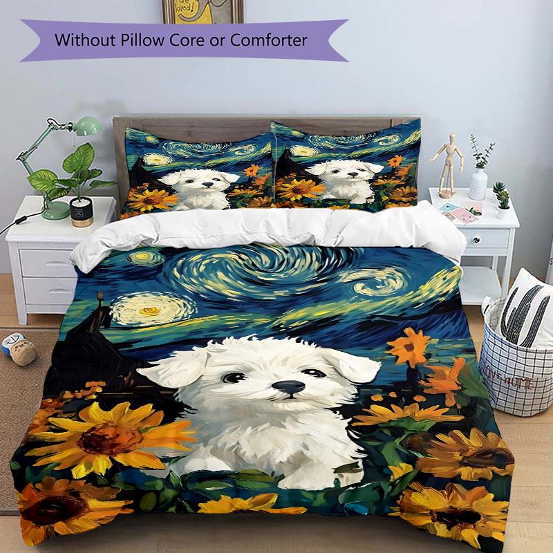 3pcs Puppy Sunflowers Duvet Cover Set, Soft Comfortable Duvet Cover,Guest Room (1*Duvet Cover + 2*Pillowcase, Without Core) yy251104164