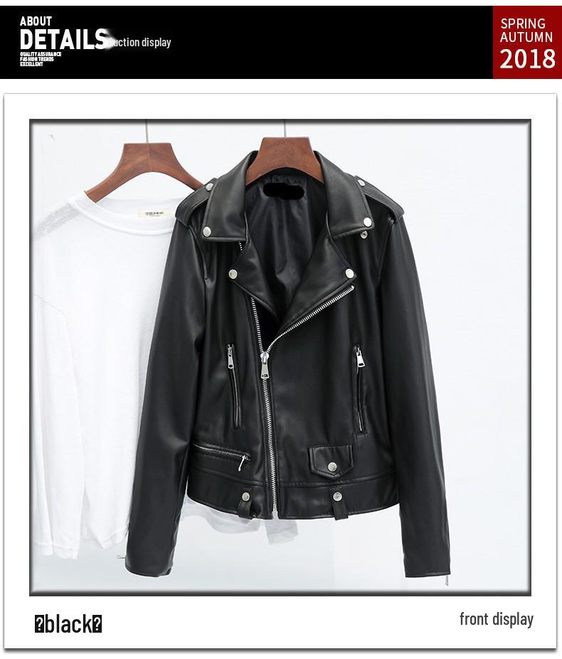 New Women's Black Slim Fit PU Leather Motorcycle Jacket - Spring & Autumn Plus Size
