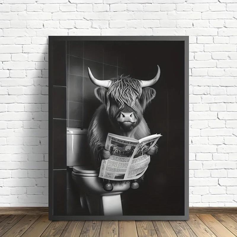 Funny Highland Cow On Toilet Wall Art Poster Prints Rustic Farmhouse Style Canvas Painting Picture for Bathroom Room Home Decor
