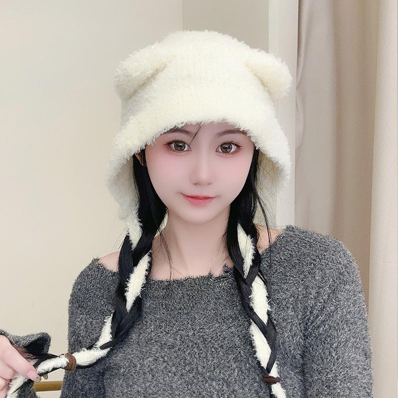 Cute Bear Ear Knitted Hat for Women, Autumn and Winter, Makes the Face Look Smaller, Ear Protection, Warm, Large Head Circumference, Gray Beanie