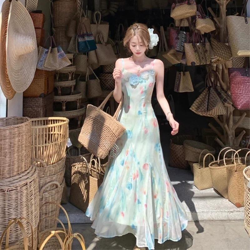 Dopamine Floral Suspender Dress Women's Xia Dingdal Dali Erhai Seaside Vacation Temperament Long Fishtail Skirt