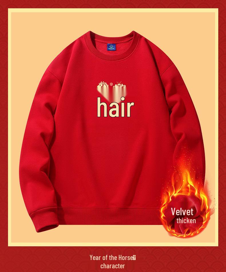 2026 Year of the Horse Red Zodiac Hoodie Fleece-Lined Loose Fit Long Sleeve Men's Clothing