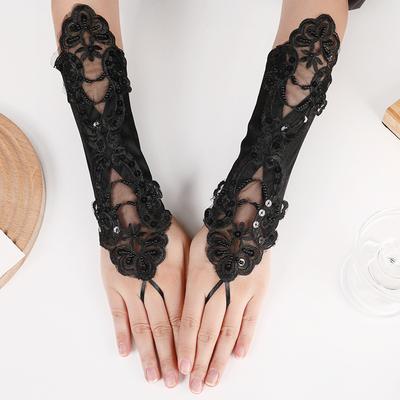 Satin Embroidery Hollow Out Beaded Gloves For Wedding Dresses Sequins Fingerless Wedding Accessories Elegant Bridal Gloves