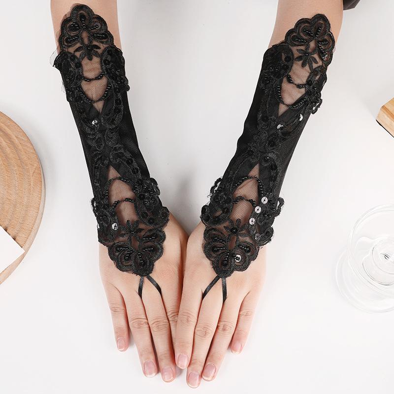 Satin Embroidery Hollow Out Beaded Gloves For Wedding Dresses Sequins Fingerless Wedding Accessories Elegant Bridal Gloves