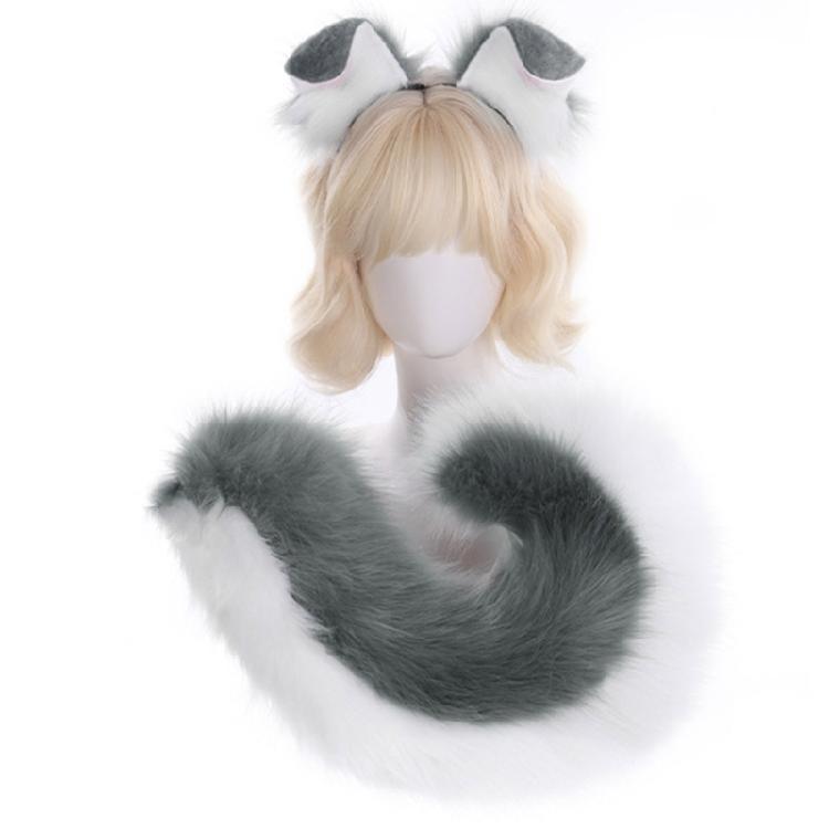 2Pcs Faux Furs Animal Tail Dog Ears Headband Dog Costumes Halloween Cosplay Costumes for Adult Kids