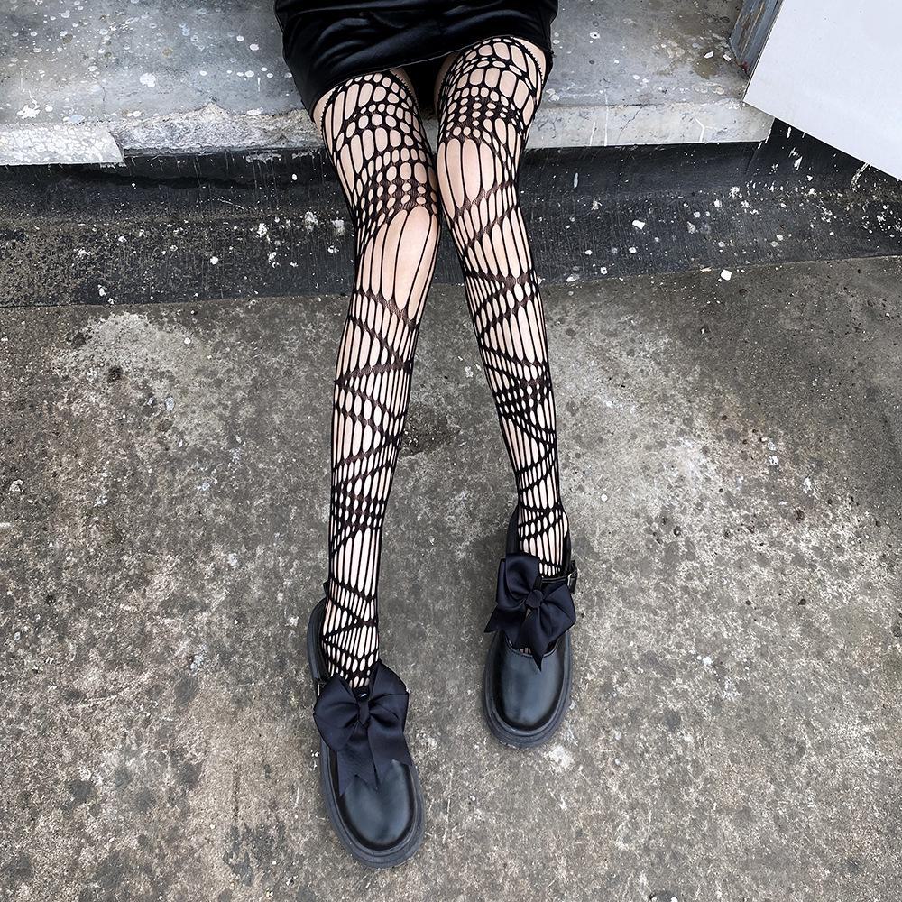 Japanese Style Sheer Black One-Piece Lace Garter Stockings with Open Crotch and Non-Slip Design