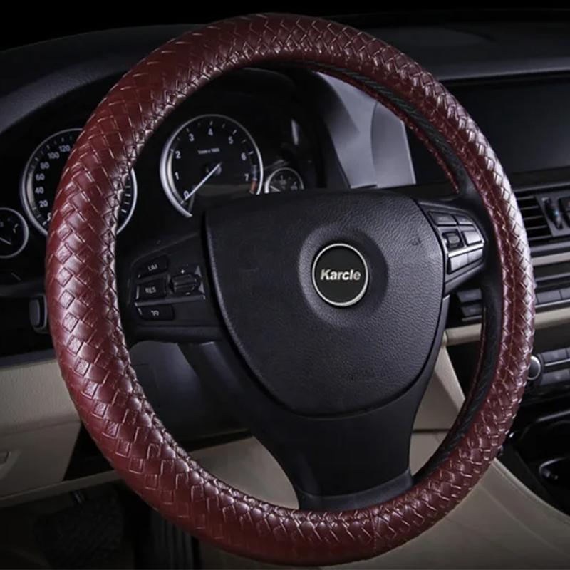 Karcle Braiding Style Steering Wheel Cover Protector PU Leather Woven Pattern Steering Cover Universal 15 Inch Car Styling