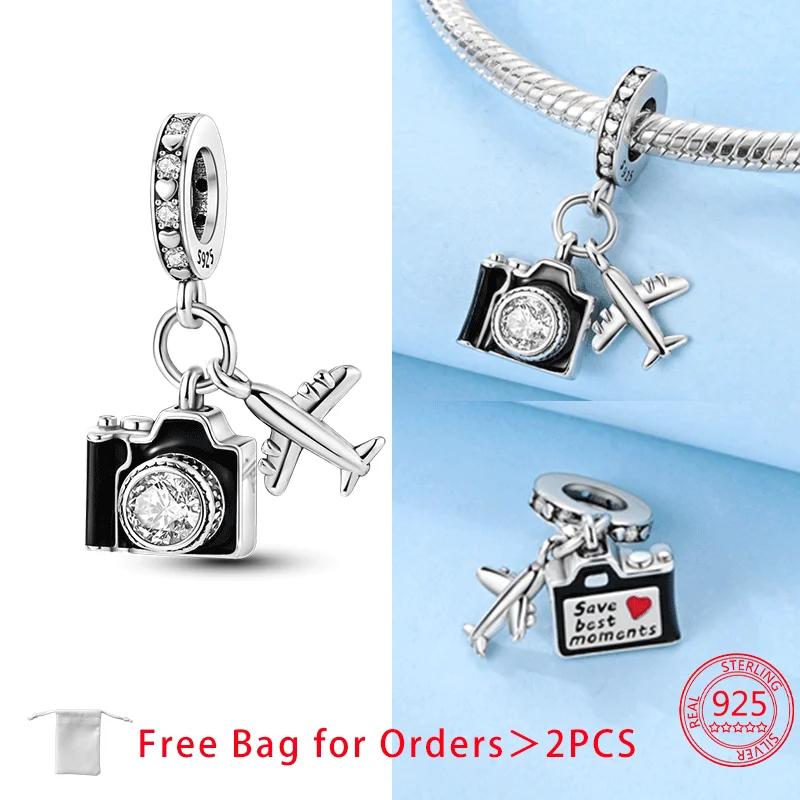 Original Copper Suitcase Pink Camera Plane Paris Tower Charms Beads Pendant Fit Diy Women Bracelet Jewelry Delicate Gifts