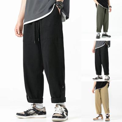 Men's Loose Oversized Straight Leg Pants Gangly Handsome Button And Roll Hem Work Pants