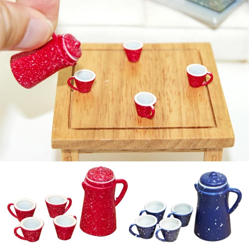 Dollhouse Scaled Mini Tea Pot & Cups Pretend for Play Kitchen Appliance Toy Doll House Accessories Toddler Interacti
