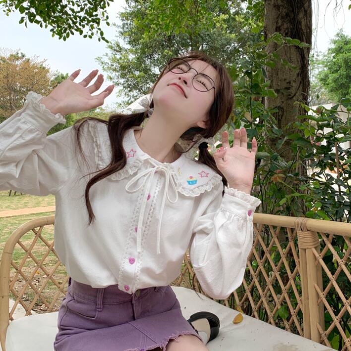 Japanese Cute Doll Collar Lace Lace Jk Shirt Female Spring and Summer Retro Long Sleeve Blouse