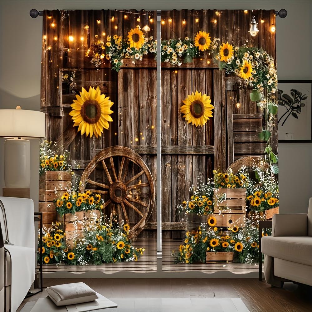 2Pcs Polyester Sunflower Barn Made Printing Window Curtains Birthday Party Decoration Backdrop Drapes for Living Room