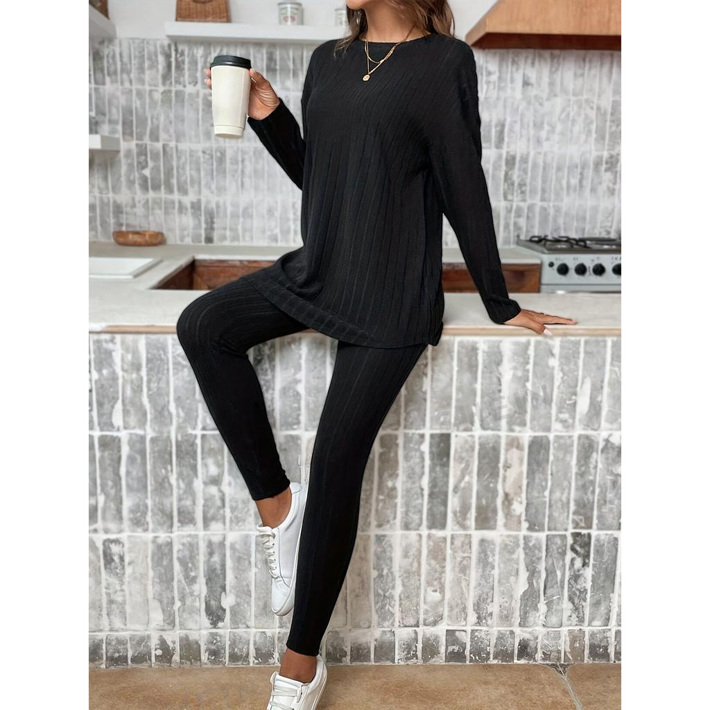 Casual O-neck Two Piece Set Women Outfits Autumn Winter Fashion Solid Knitted Long Sleeve Sweater Elegant Loose Pants Suit