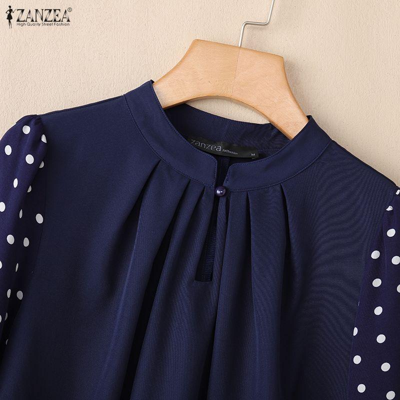 ZANZEA Women Casual Polka Dot Print Splice 3/4 Sleeve Loose Crew Neck Blouse