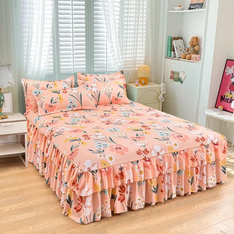 Nordic Floral Queen Bed Skirt Without Pillowcase Double Single Mattress Cover Anti-slip Full Size Adjustable Bedspread 360°Warp