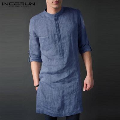 S-5XL Men's Regular Fit Collar Kurta Muslim Dresses Abaya Kaftan Long Sleeve Male Shirt