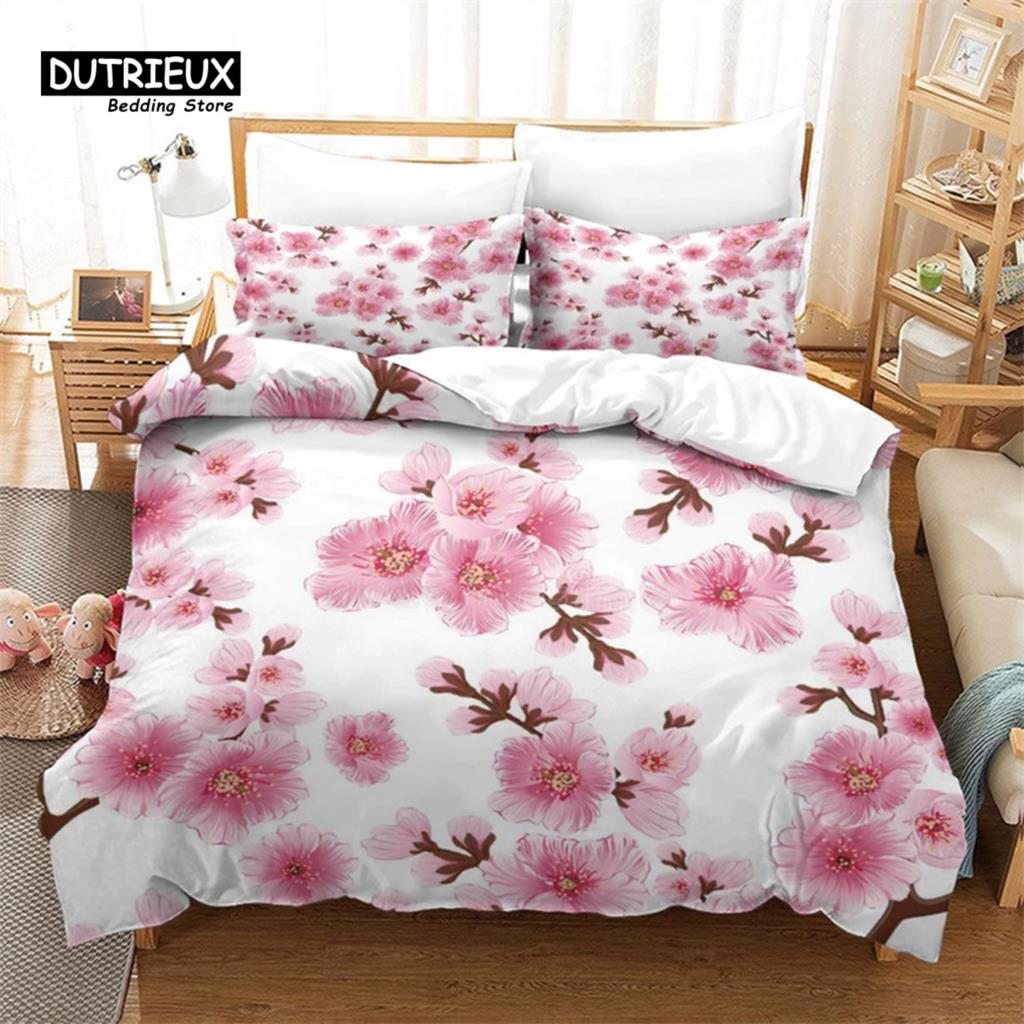 Cherry Blossoms Duvet Cover Set Japanese Floral Bedding Set Microfiber Romantic Theme Quilt Cover Twin King For Valentine's Day