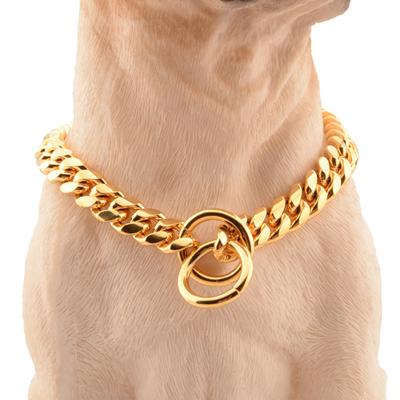 Chain Dog Collar 18K Gold Cuban Link Chain Stainless Steel Metal Links 10MM Heavy & Duty Walking Training Chain Collar for Dogs