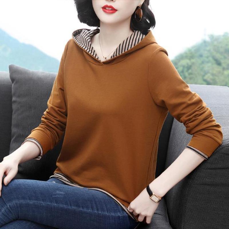 

Long-sleeved T-shirt Women Spring New Middle-aged Sweatshirt Mom Fake Two-piece Pure Cotton Top Loose Hooded M