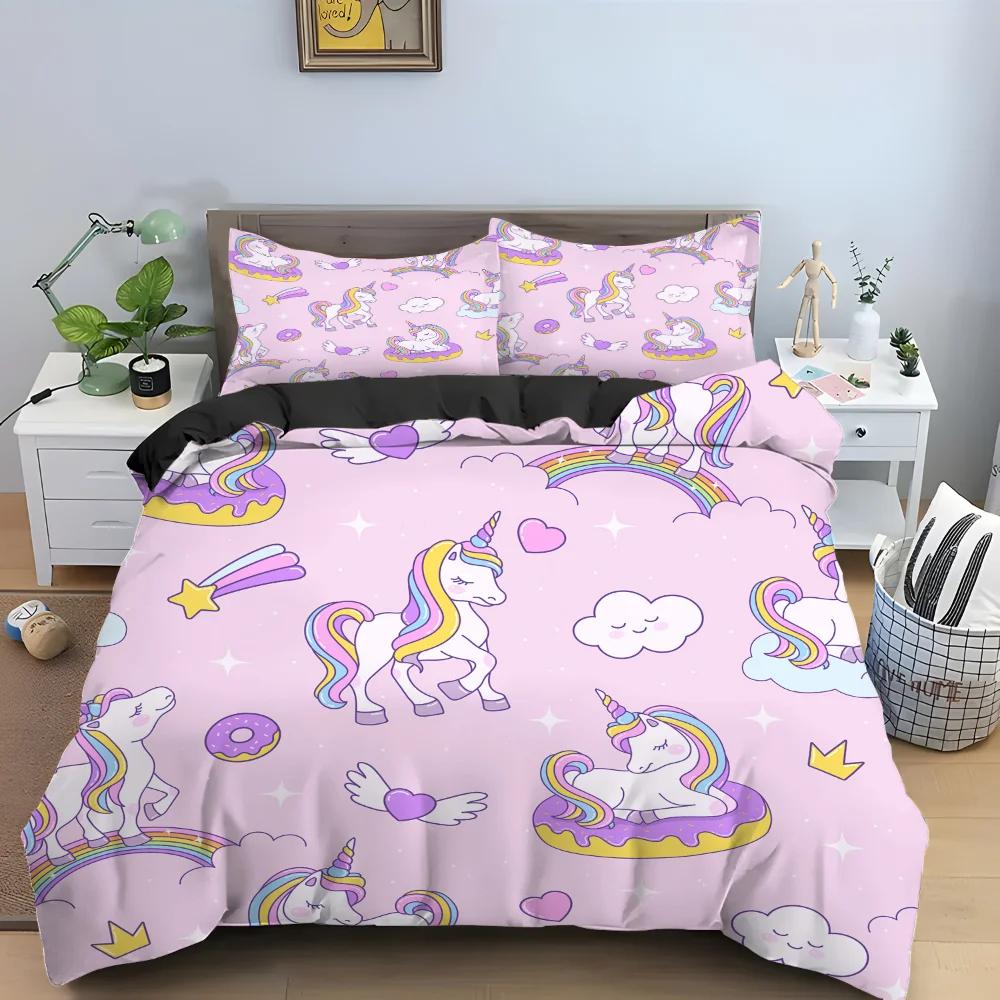 Kreskówkowy Jednorożec Różowy Król Królowa Poszewka na Kołdrę Dzieci Dziewczynki Uroczy Zwierzęcy Komplet Pościeli Tęczowa Poszewka na Kołdrę Poliestrowa Poszewka na Kołdrę