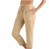 Pantaloni Capri da Donna in Misto Lino con Coulisse Vita Elastica Pantaloni Corti Casual con Tasche