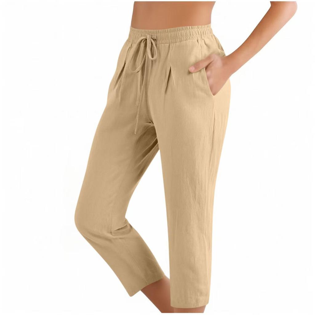 Pantaloni Capri da Donna in Misto Lino con Coulisse Vita Elastica Pantaloni Corti Casual con Tasche
