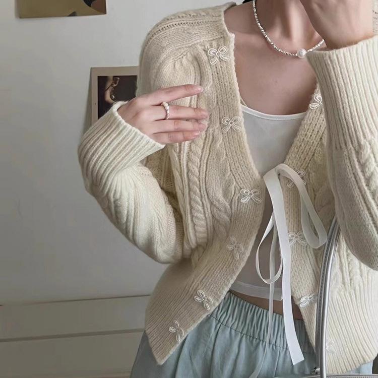 

Deer plush, sweet bow solid color knitted cardigan women s autumn and winter new niche design jacket ins one size fits all